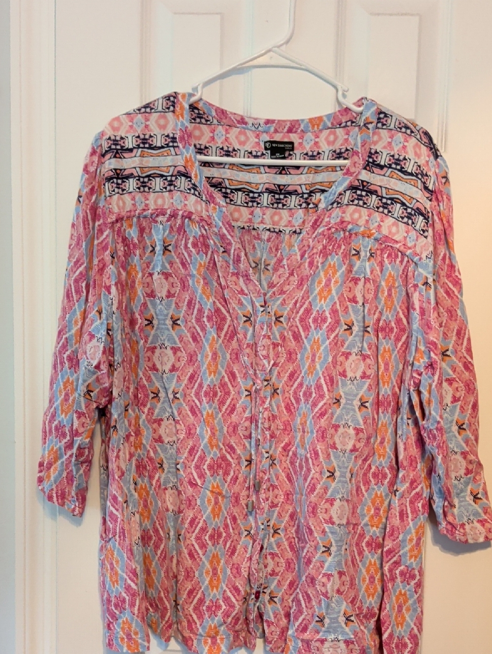 New Directions Pink Multi Boho V Neck Tie-Front Tunic Sz 2X